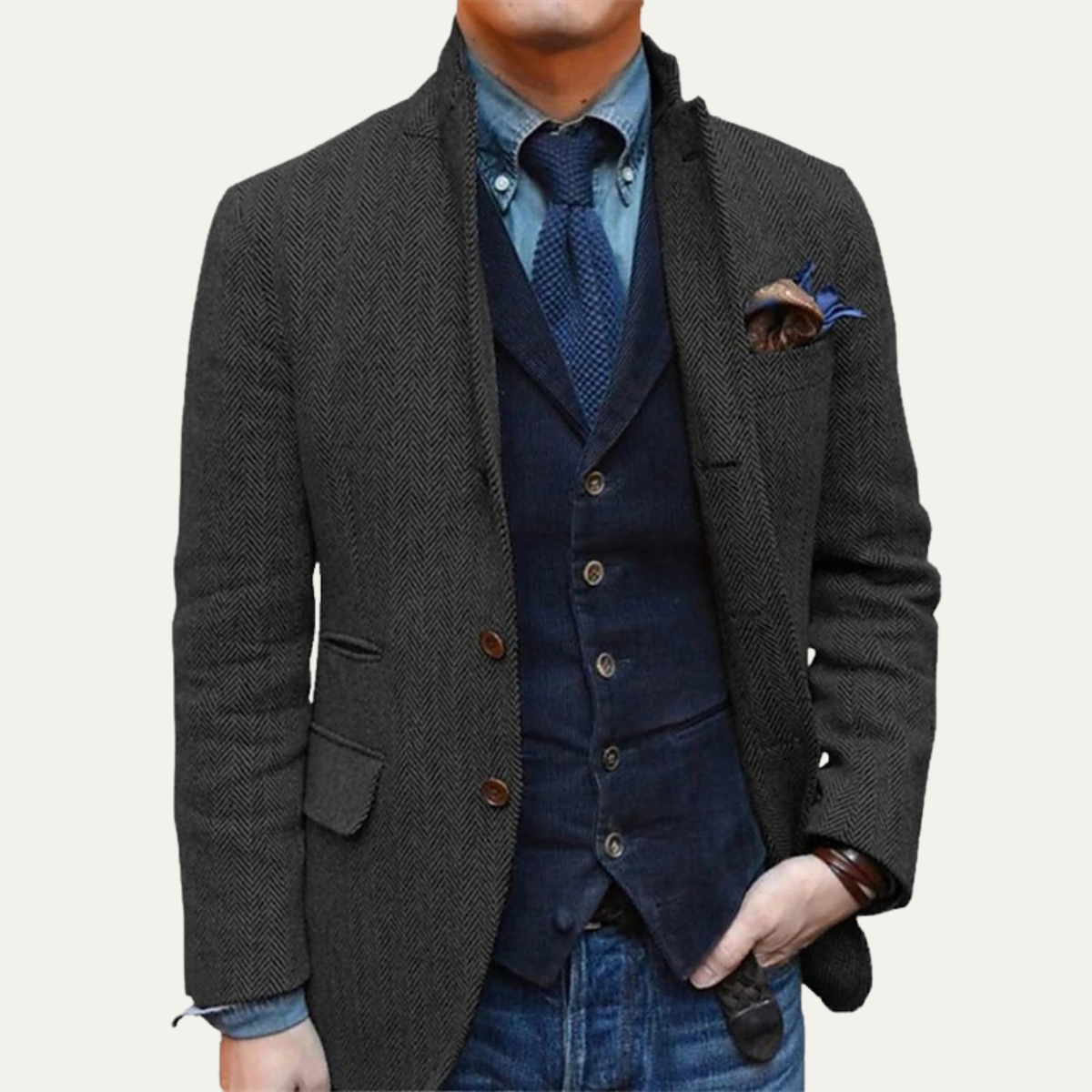 Men's slim fit single breasted wool tweed blazer with premium craftsmanship and timeless tailored silhouette