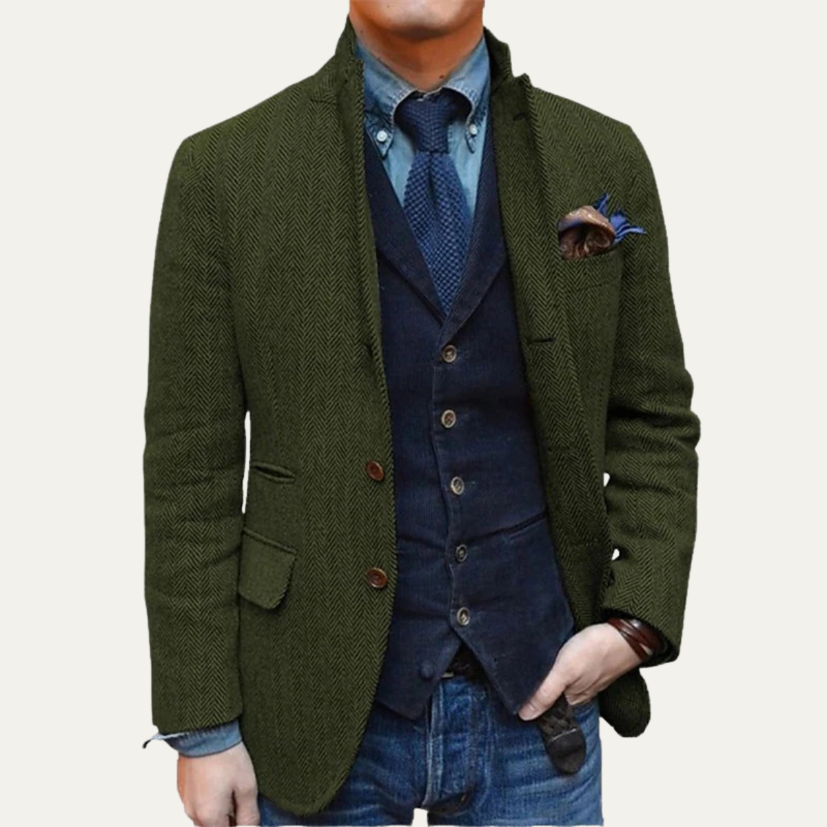 Men's slim fit single breasted wool tweed blazer with tailored silhouette and premium craftsmanship