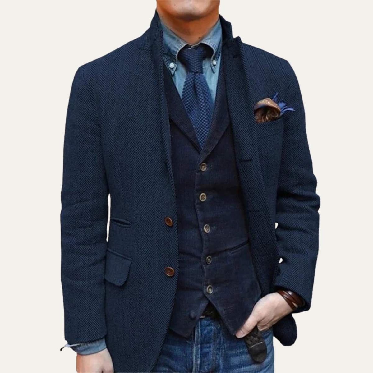 Men's slim fit single breasted wool tweed blazer with premium craftsmanship and timeless tailored silhouette