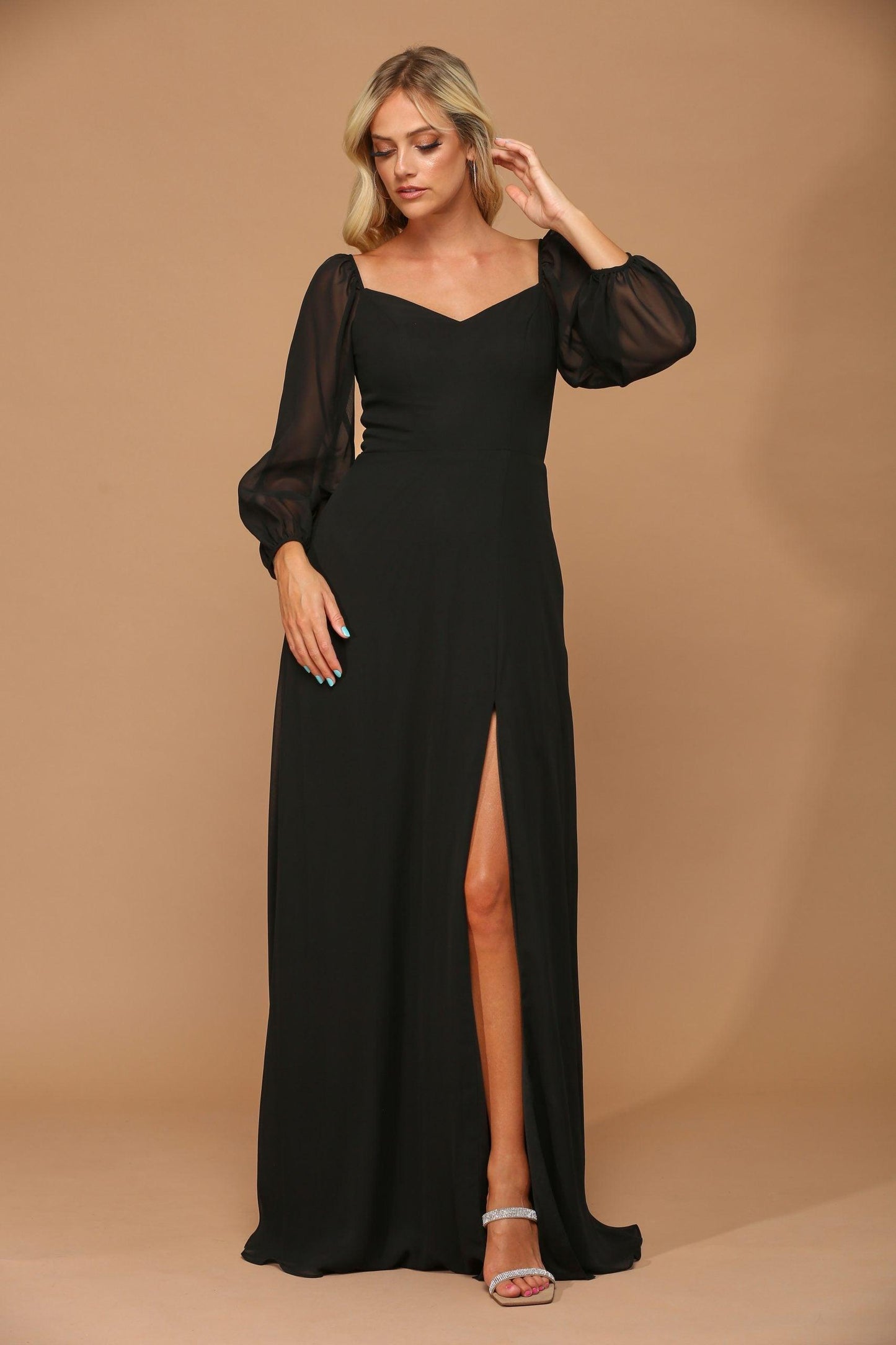 Black L Long Sleeve Formal Chiffon Dress Sale - Urbann-Vibe