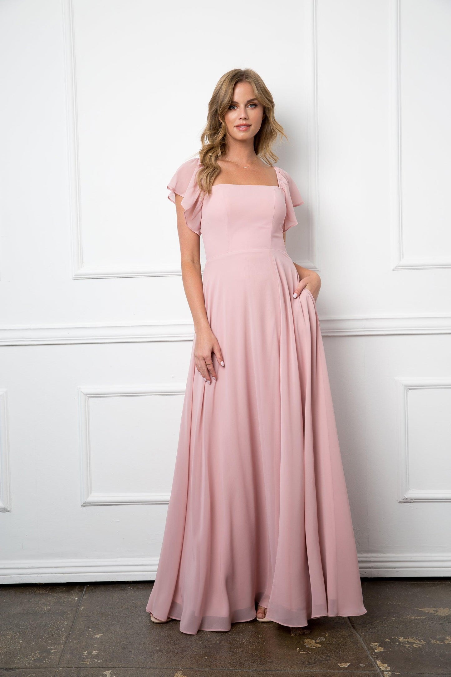 Elegant full-length chiffon bridesmaid gown with convertible half-sleeve and zipper back closure