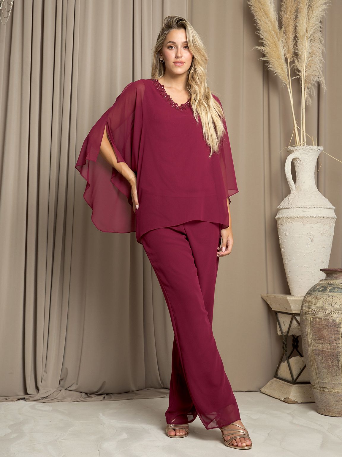 Elegant two-piece formal pant suit with embellished chiffon poncho top for women