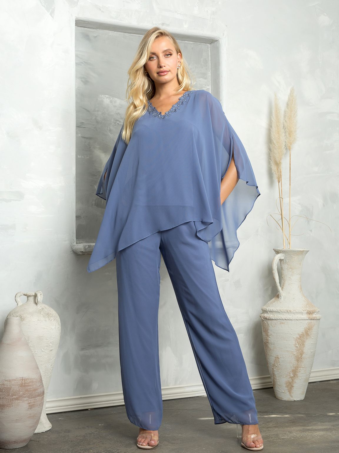 Elegant two-piece formal evening pant suit with embellished chiffon poncho top for women
