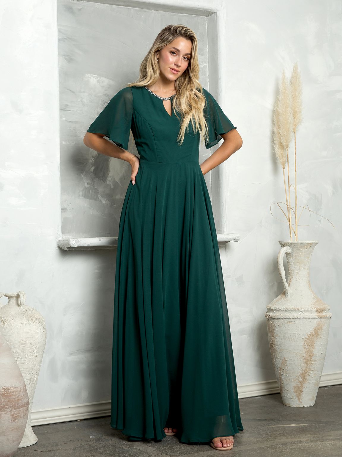 Long chiffon mother of bride gown empire waist bell sleeves delicate neckline beading