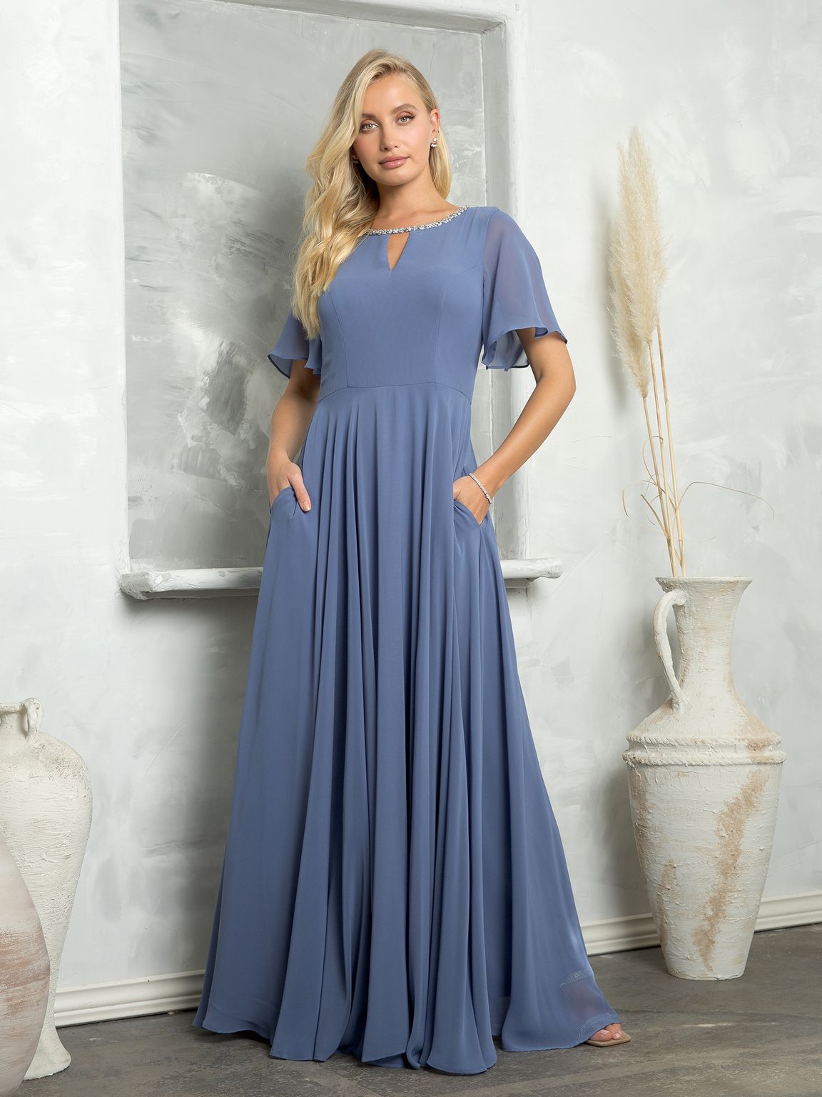 Long beaded chiffon mother of bride gown, empire waist, bell sleeves, neckline beadwork