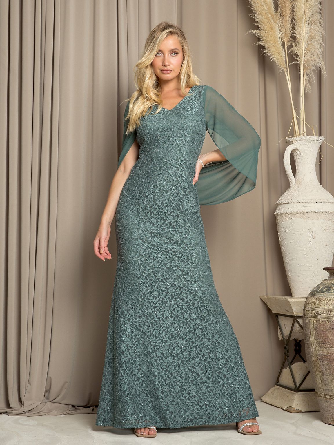 Formal long lace mother of bride gown with elegant cape sleeves and flowing chiffon cowl back