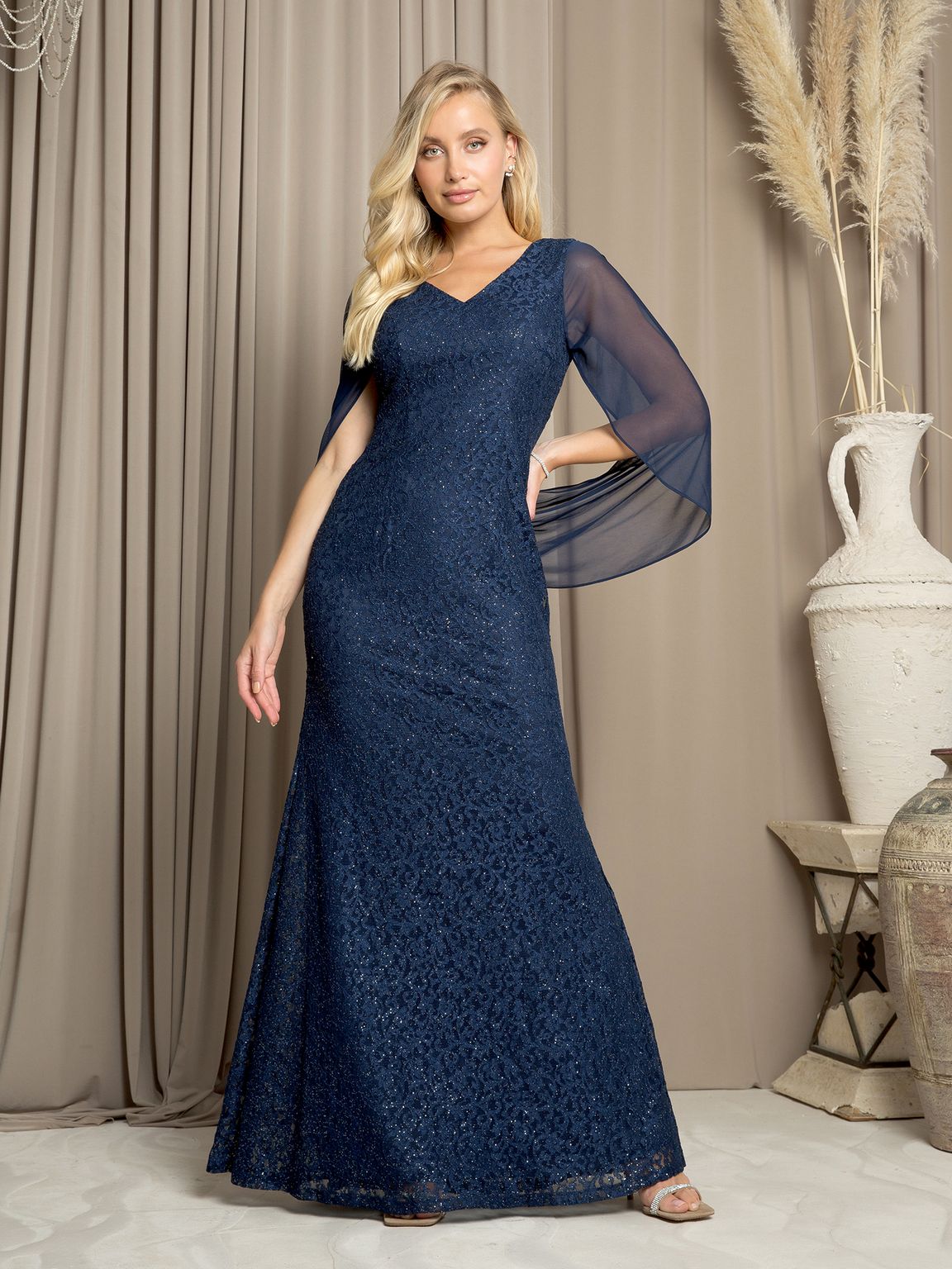 Formal long lace mother of the bride gown with cape sleeves and flowing chiffon cowl back