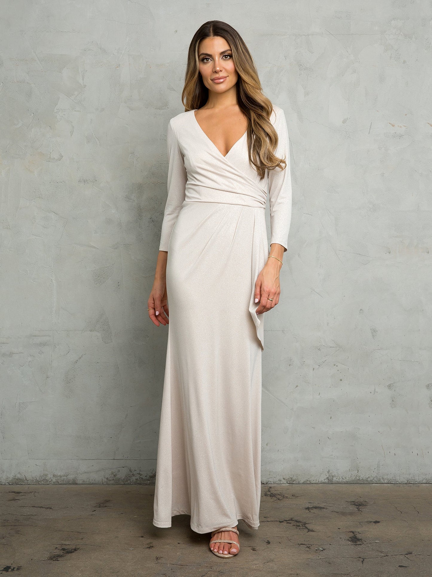 Long glitter jersey sheath dress with wrap-style V-neck top, mother of the bride formal gown