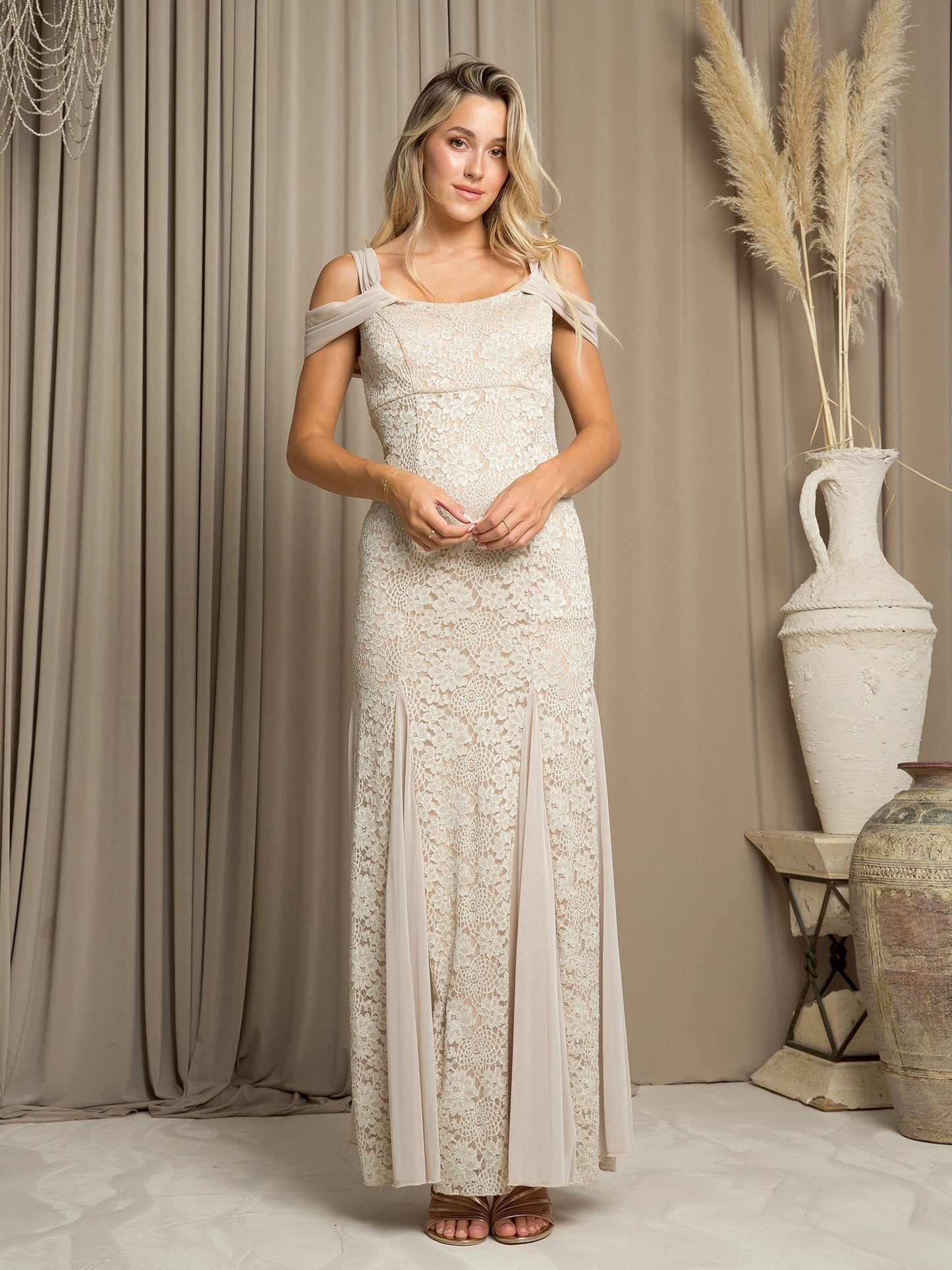 Long glitter evening gown cold shoulder lace formal dress elegant full-length women's prom wear