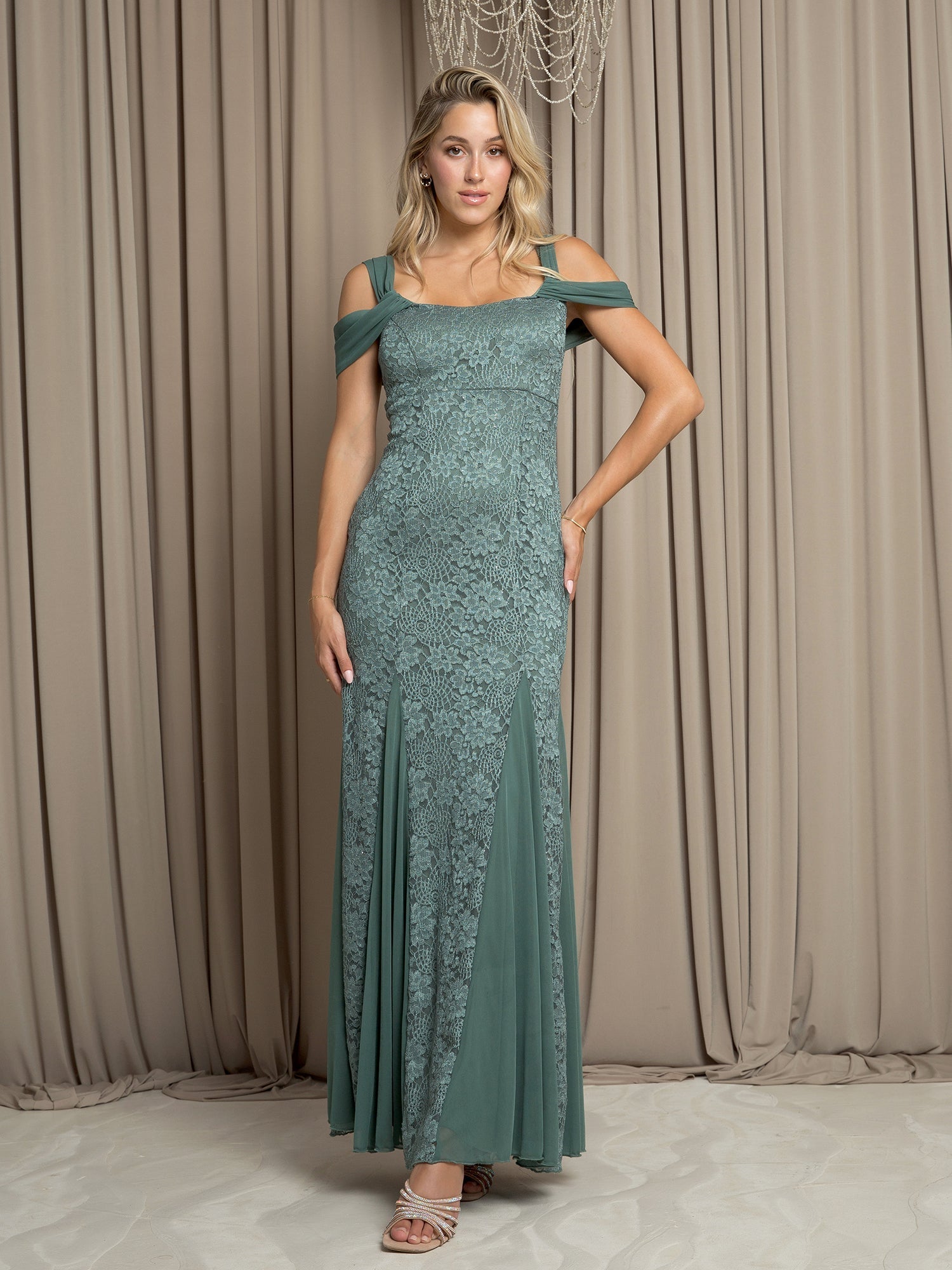 Long glitter evening gown cold shoulder lace formal dress elegant full-length silhouette women