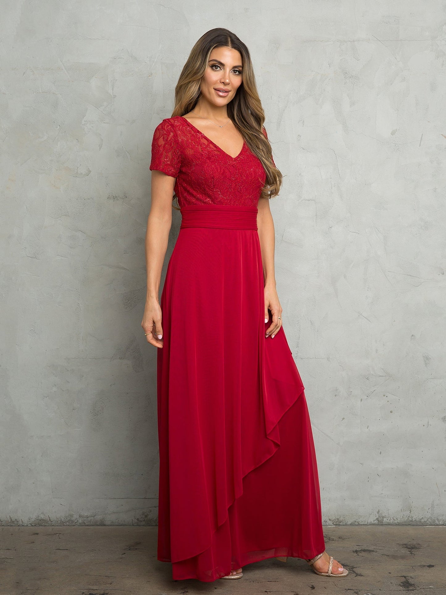 Long A-line mother of bride chiffon dress with lace sequin bodice, elegant formal gown