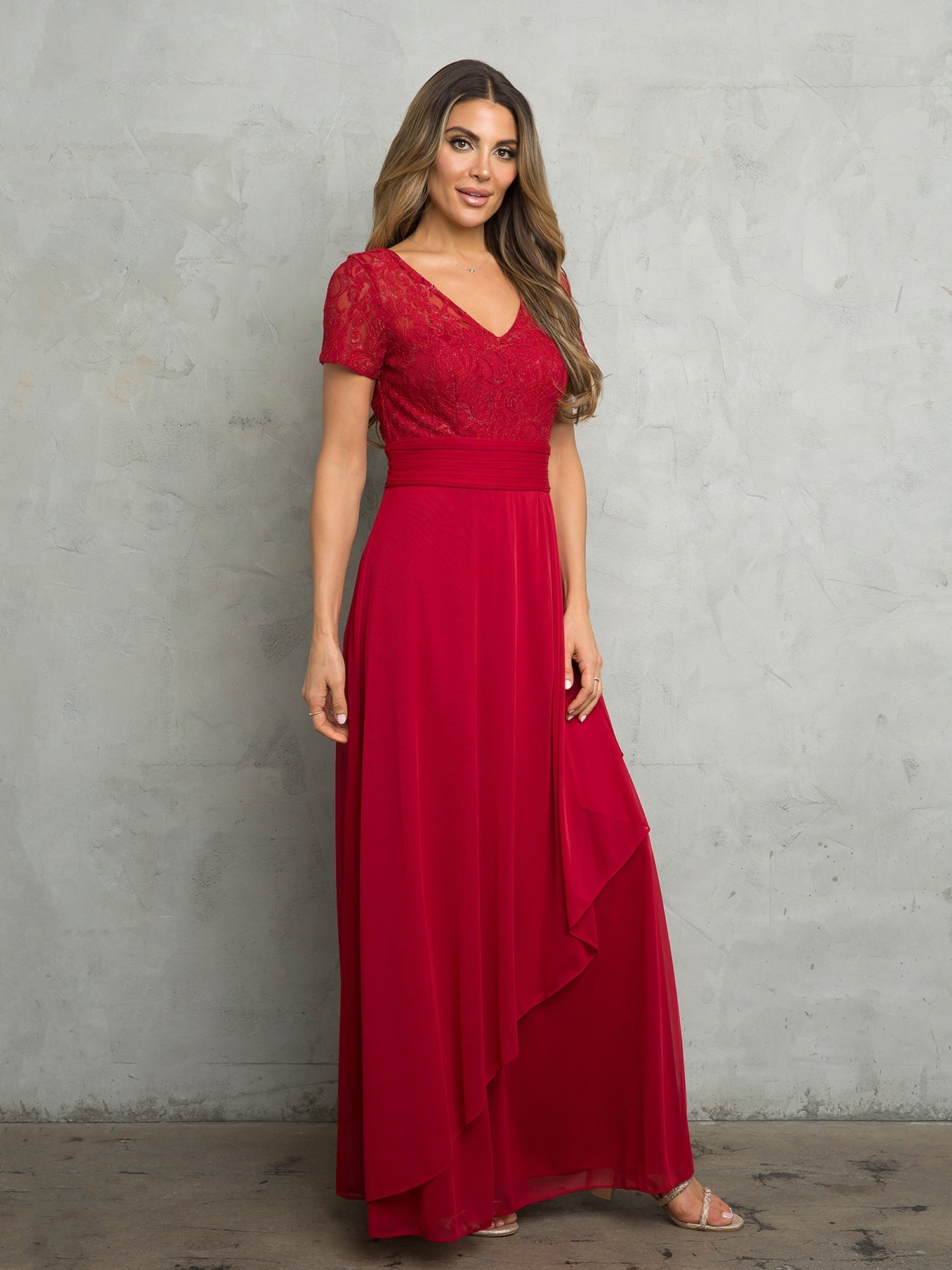 Long A-line mother of bride chiffon dress with lace sequin bodice, elegant formal gown