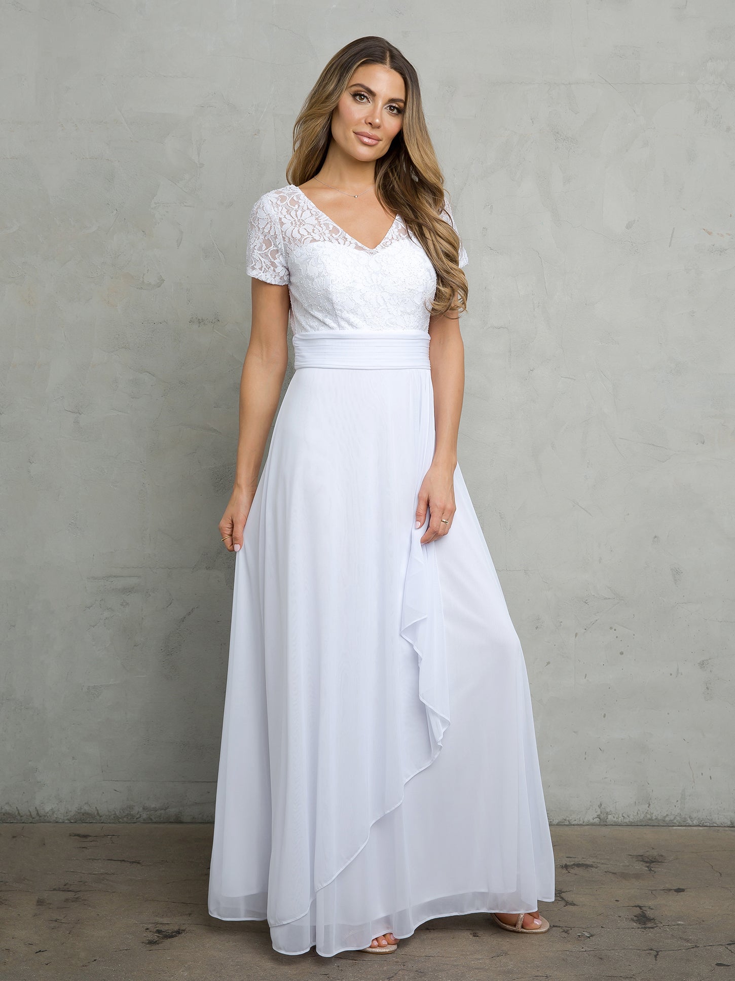 Long A-line mother of bride chiffon dress with lace sequin bodice, formal elegant silhouette