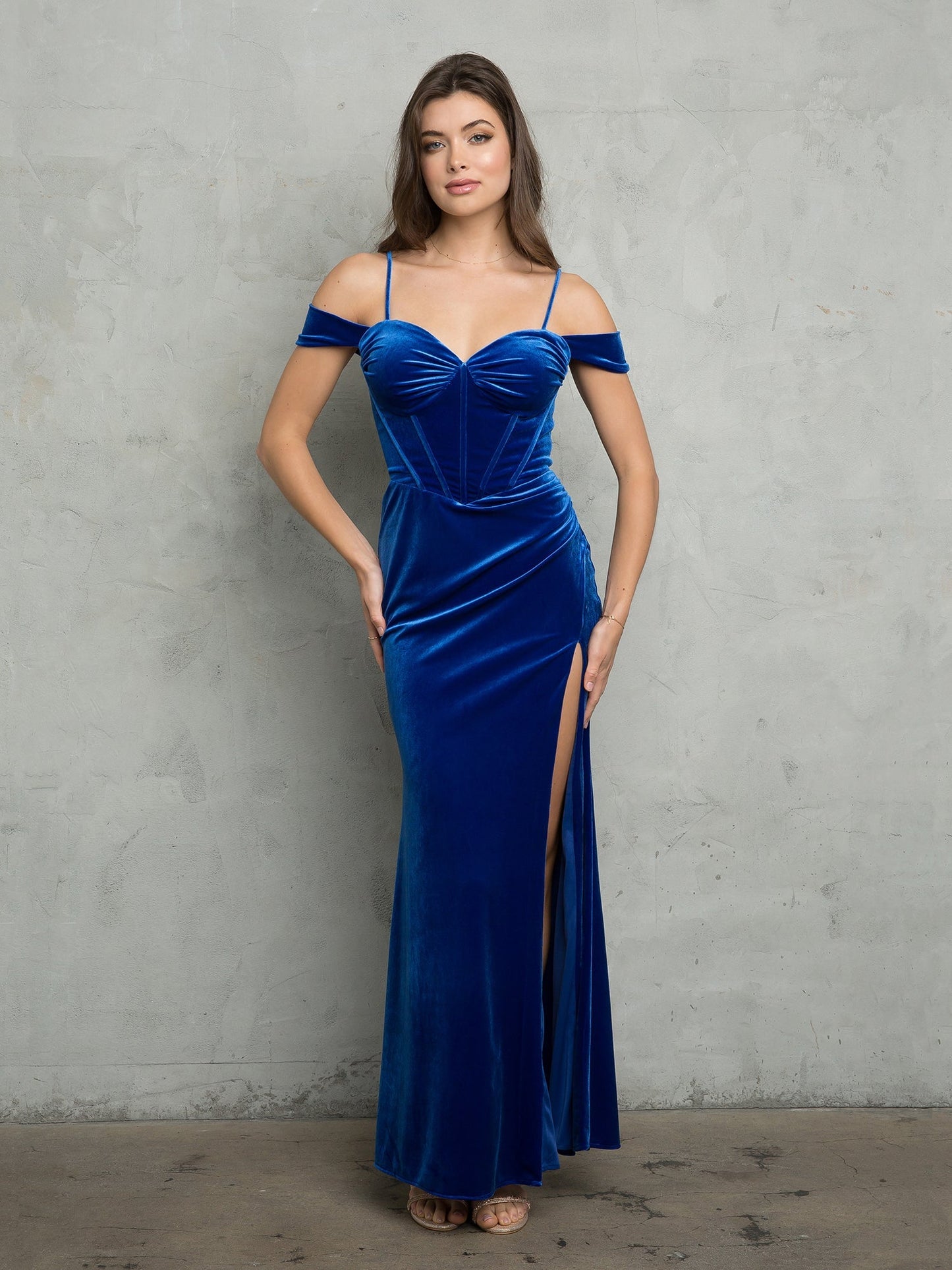 Luxurious velvet prom dress long fitted off-shoulder bustier bodice sweetheart neckline with dramatic front slit