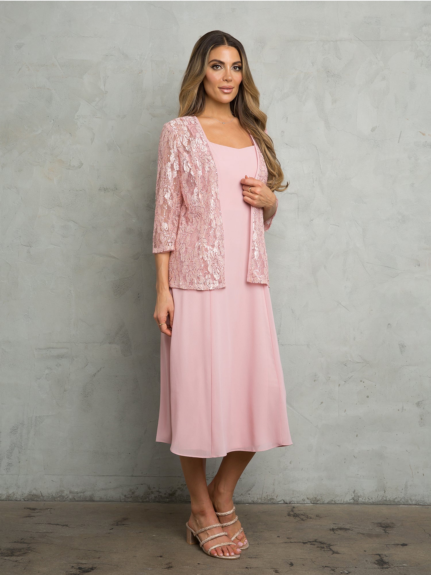 Elegant two-piece mother of the bride lace jacket dress in georgette, short formal style