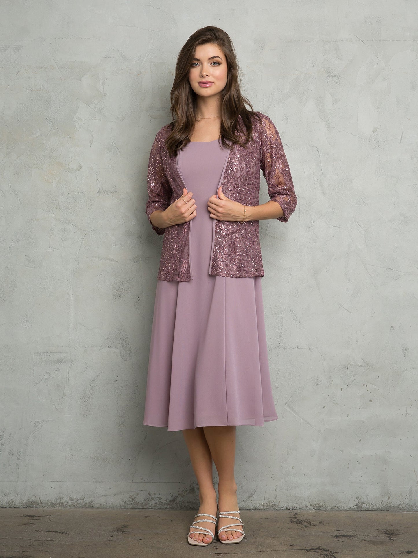 Elegant two-piece mother of the bride lace jacket dress in georgette, short length formal style