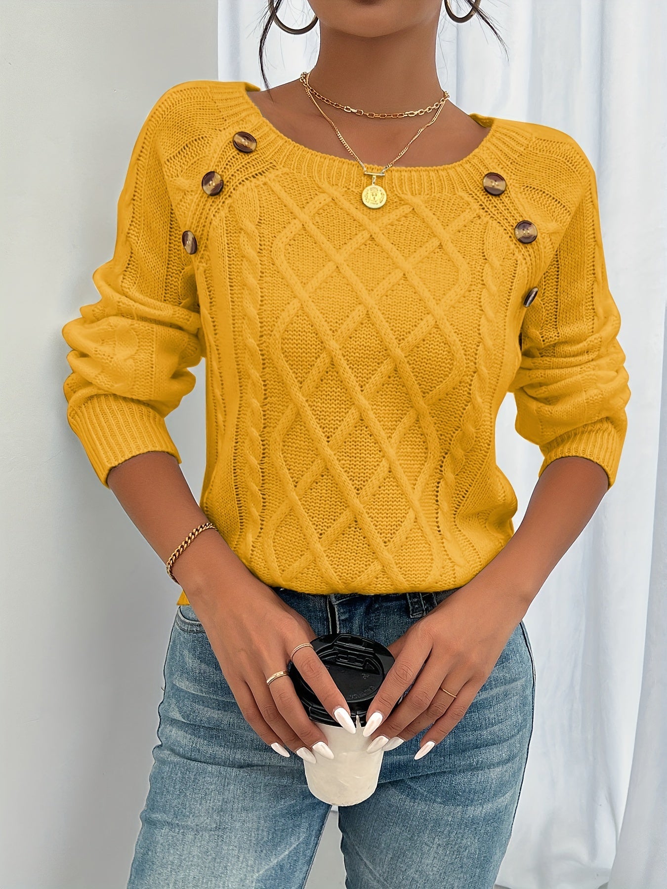 Olive cable knit crew neck sweater long sleeve cotton-polyester cozy pullover top for women