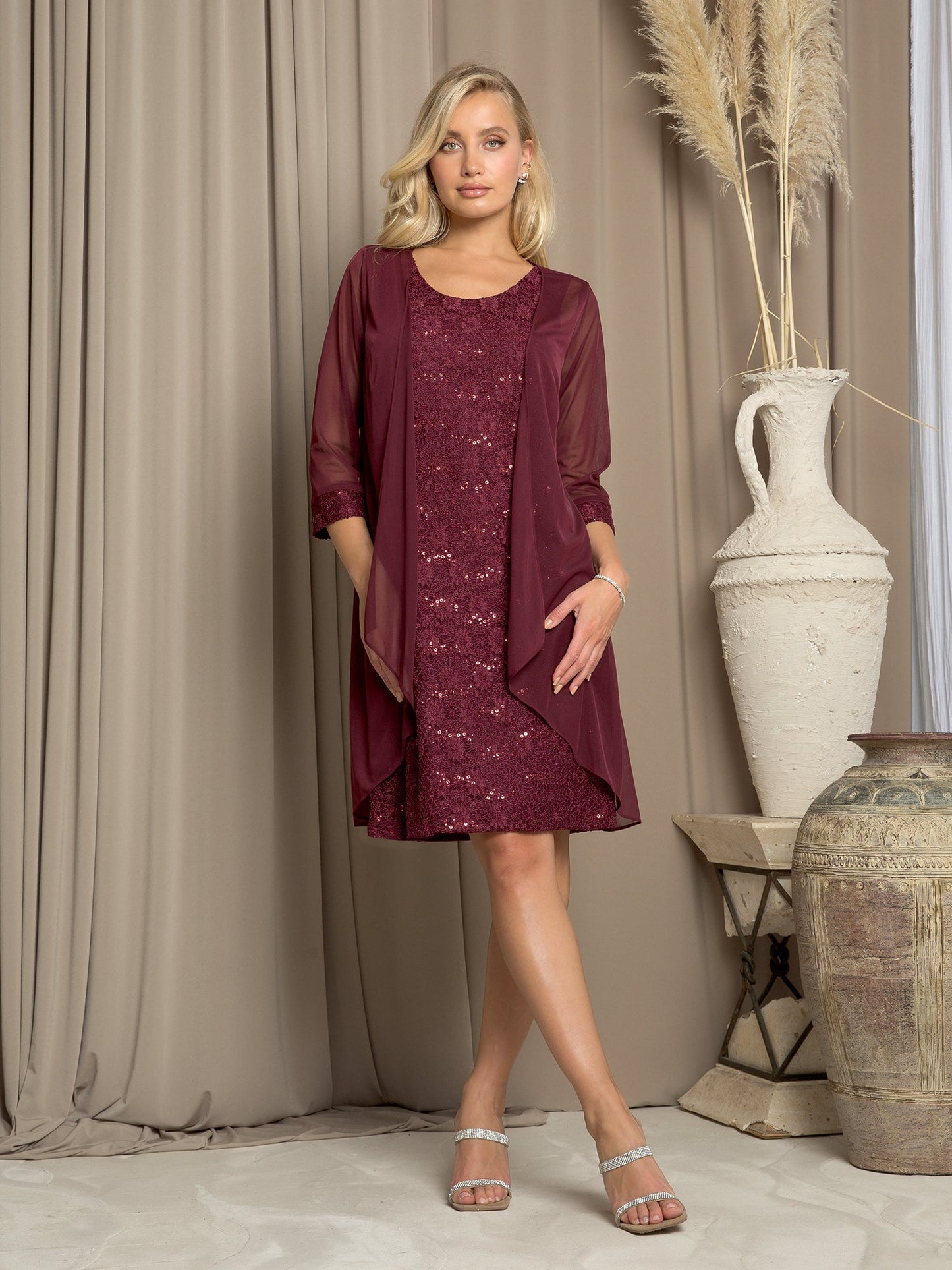 Elegant knee-length lace mother of the bride dress with matching chiffon jacket two-piece set