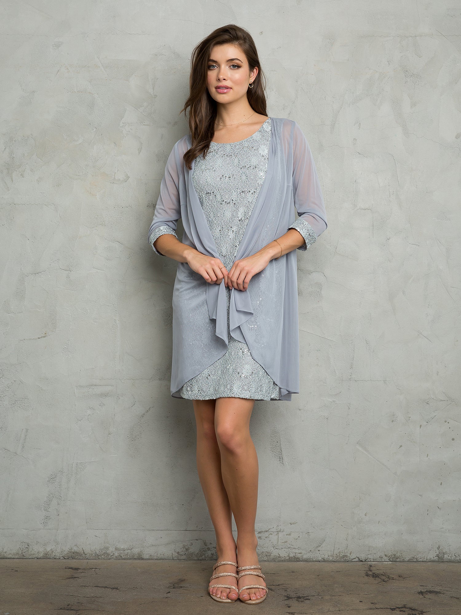 Elegant knee-length lace dress and chiffon jacket two-piece set for mother of the bride formal events
