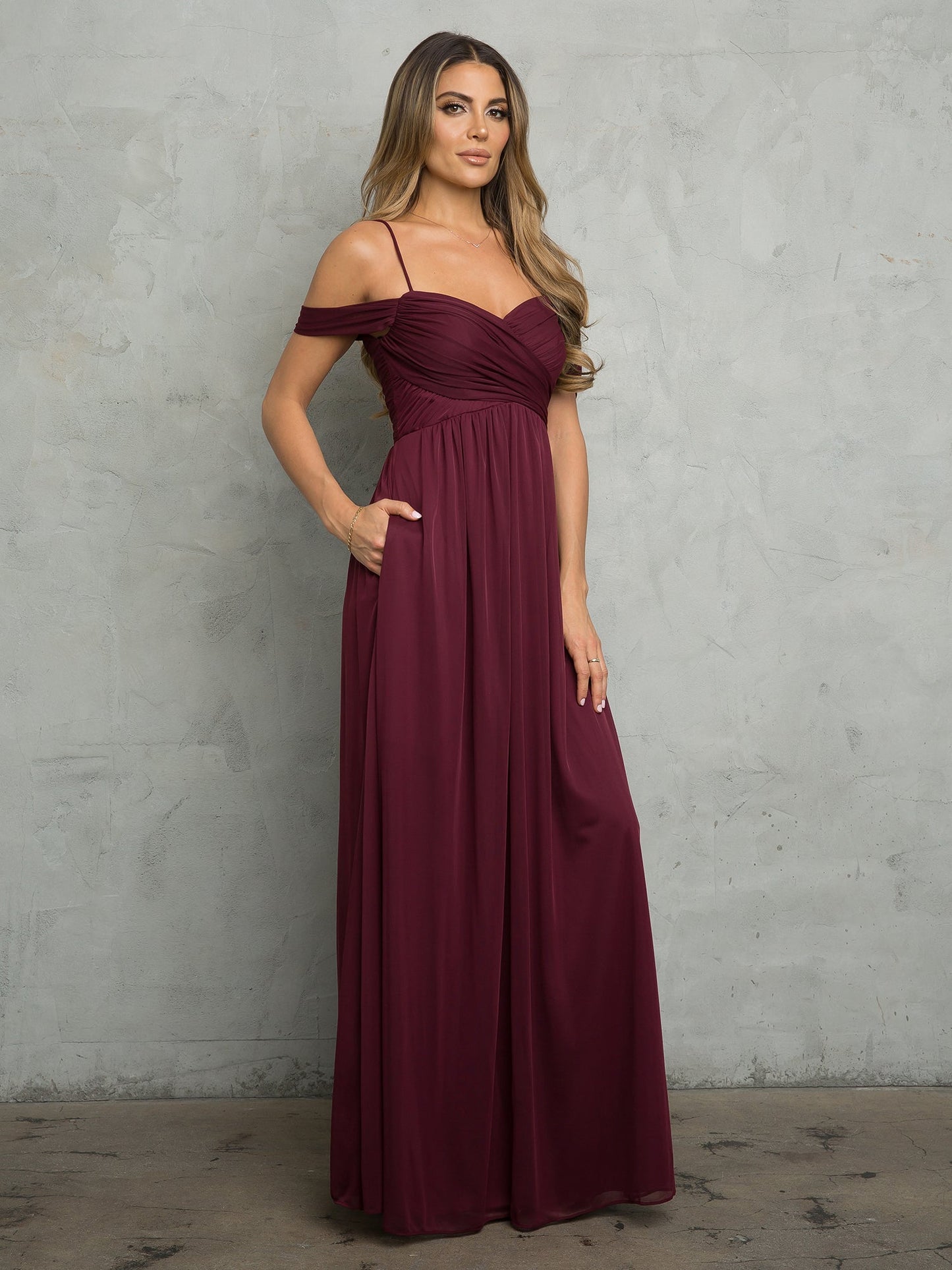 Long A-line chiffon prom gown empire waist off-shoulder neckline floor-length formal dress