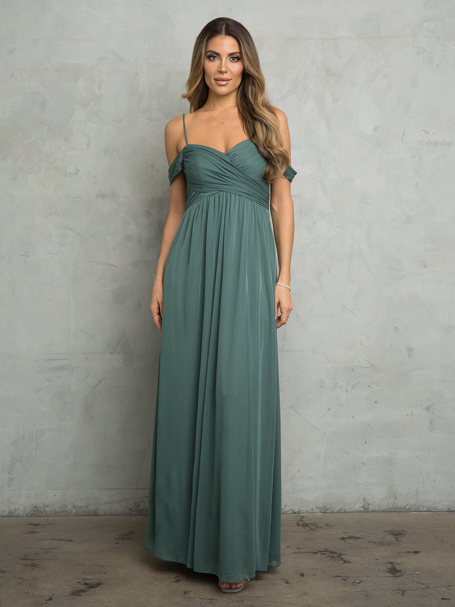 Long A-line chiffon prom dress with empire waist and off-shoulder straps in flowing soft fabric