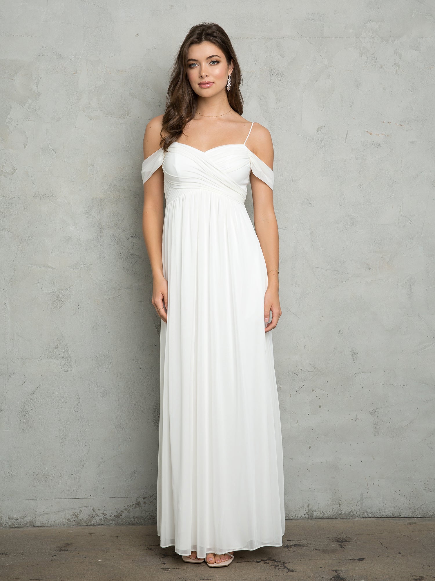 Long A-line chiffon prom dress empire waist off-shoulder neckline floor-length formal gown