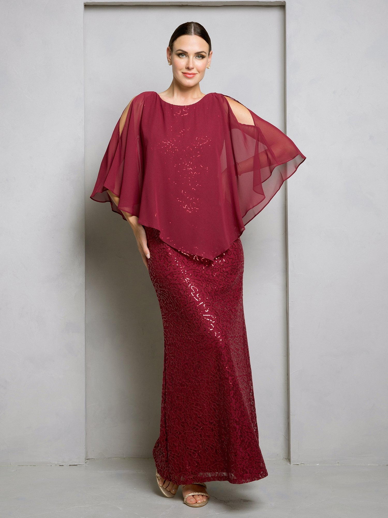 Floor-length formal mother of bride gown in sequin lace with elegant chiffon cape overlay