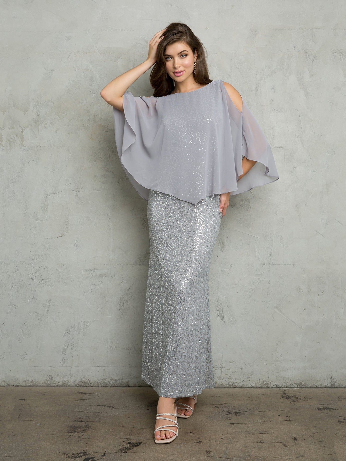 Floor-length sequin lace chiffon cape mother of the bride formal gown with sparkling embellishment