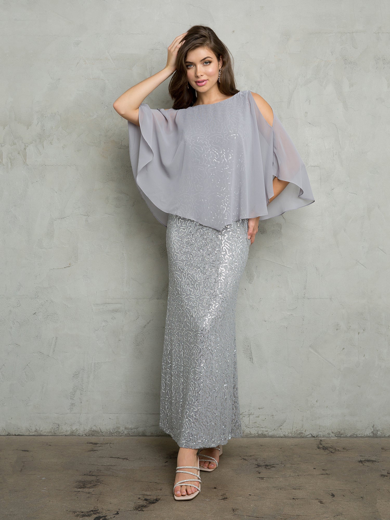 Floor-length sequin lace chiffon cape mother of the bride formal gown with sparkling embellishment