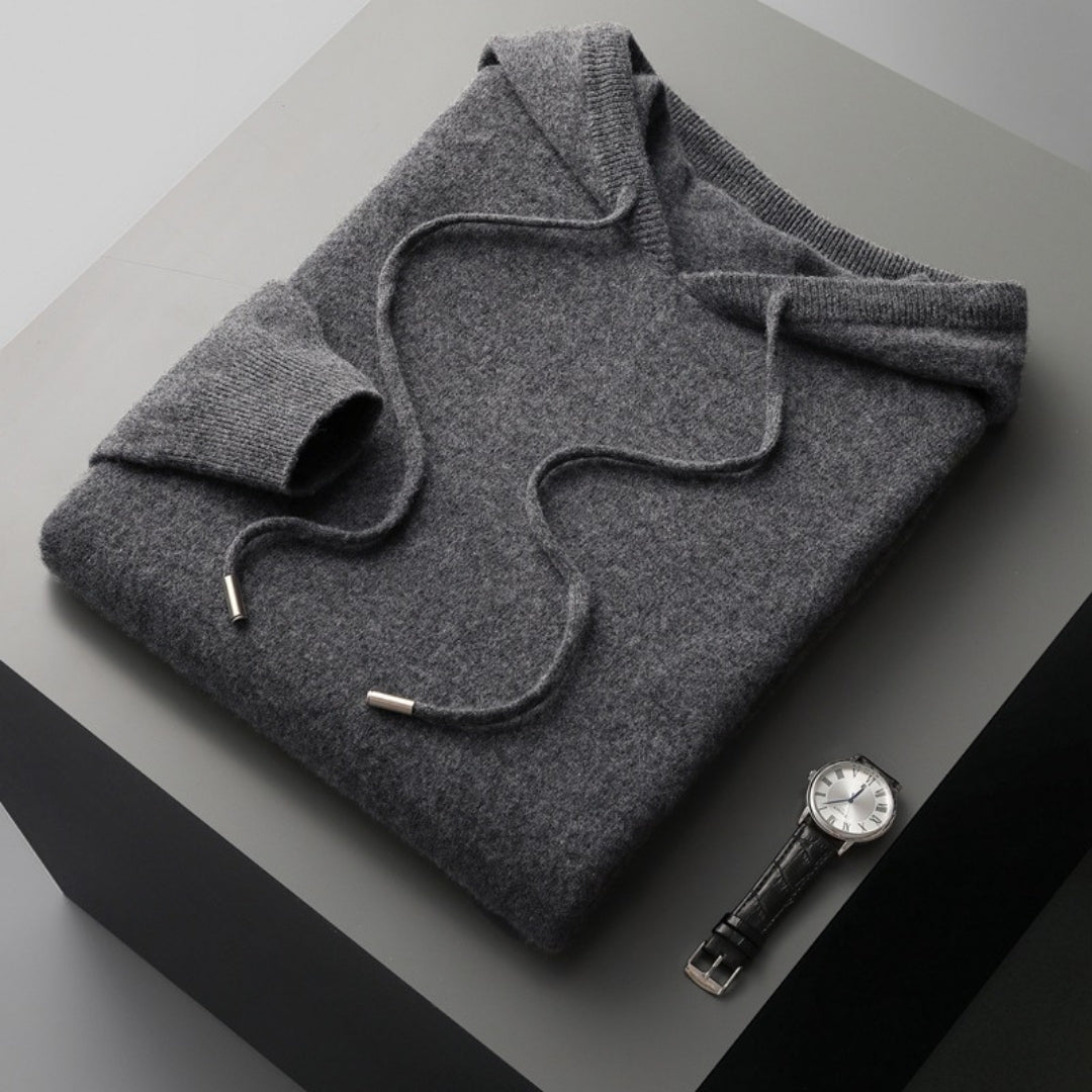 Beige cashmere hooded knit pullover relaxed unisex fit soft spring layering essential