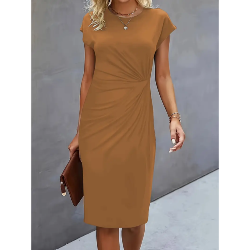 Black ruched bodycon dress with cap sleeves, side ruching stretch fit for day-to-night wear