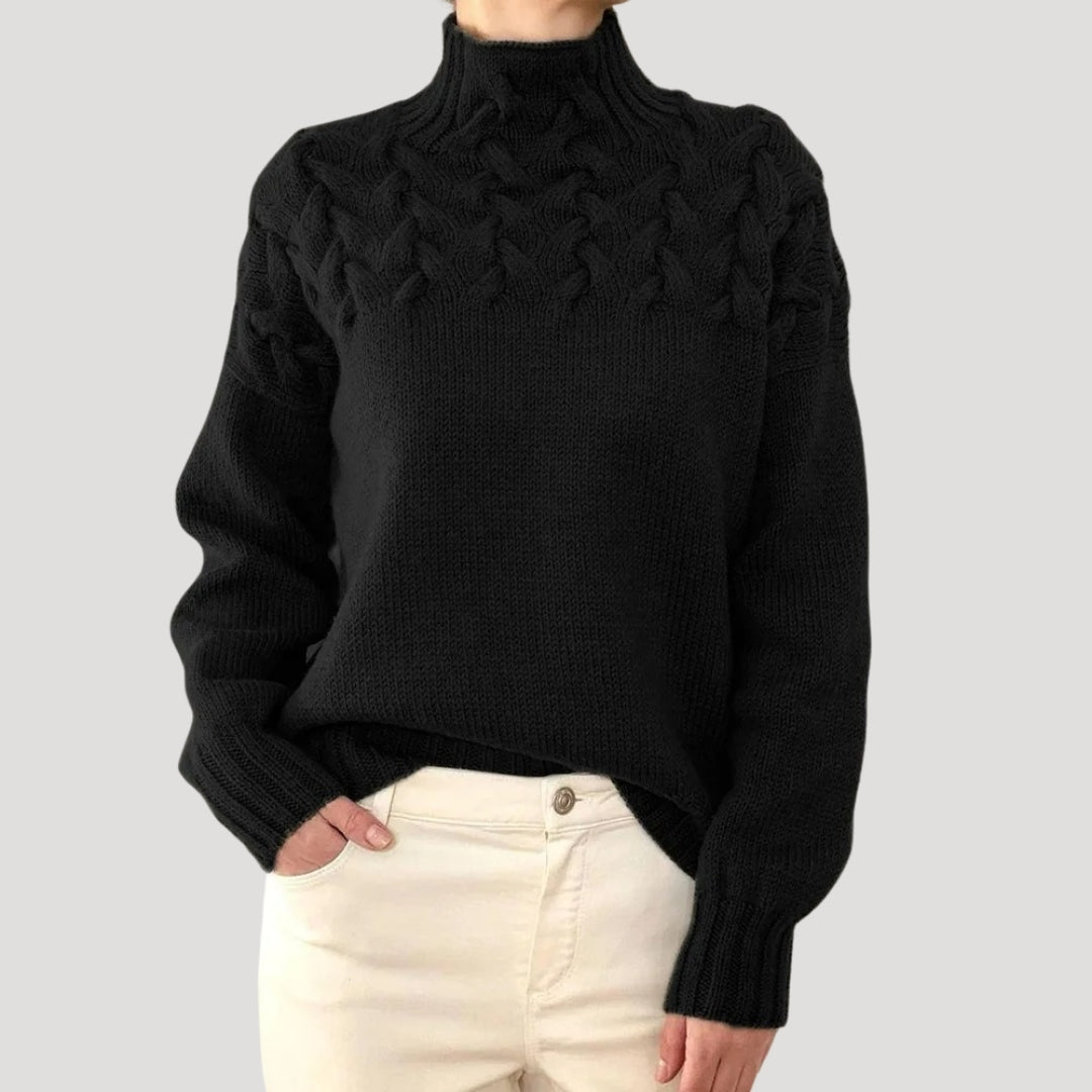 Women's ivory cable knit high-neck sweater with textured pattern, cozy classic fit for spring