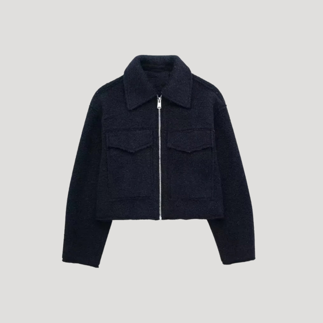 Women's cropped winter jacket with zip front closure, chic layered silhouette for cozy everyday warmth