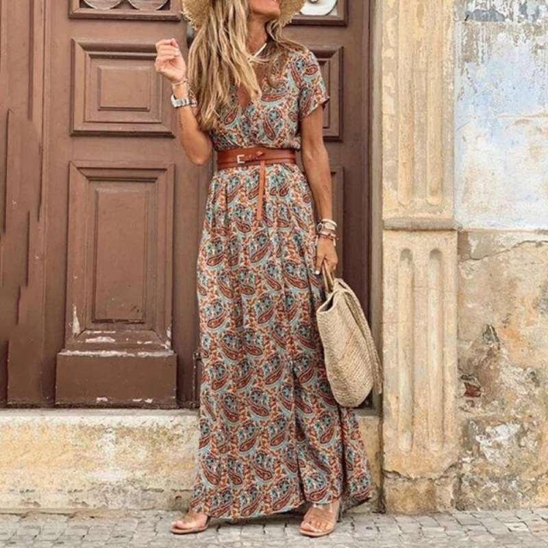 Harper women's floral maxi dress with V-neck short sleeves and flowing flattering silhouette