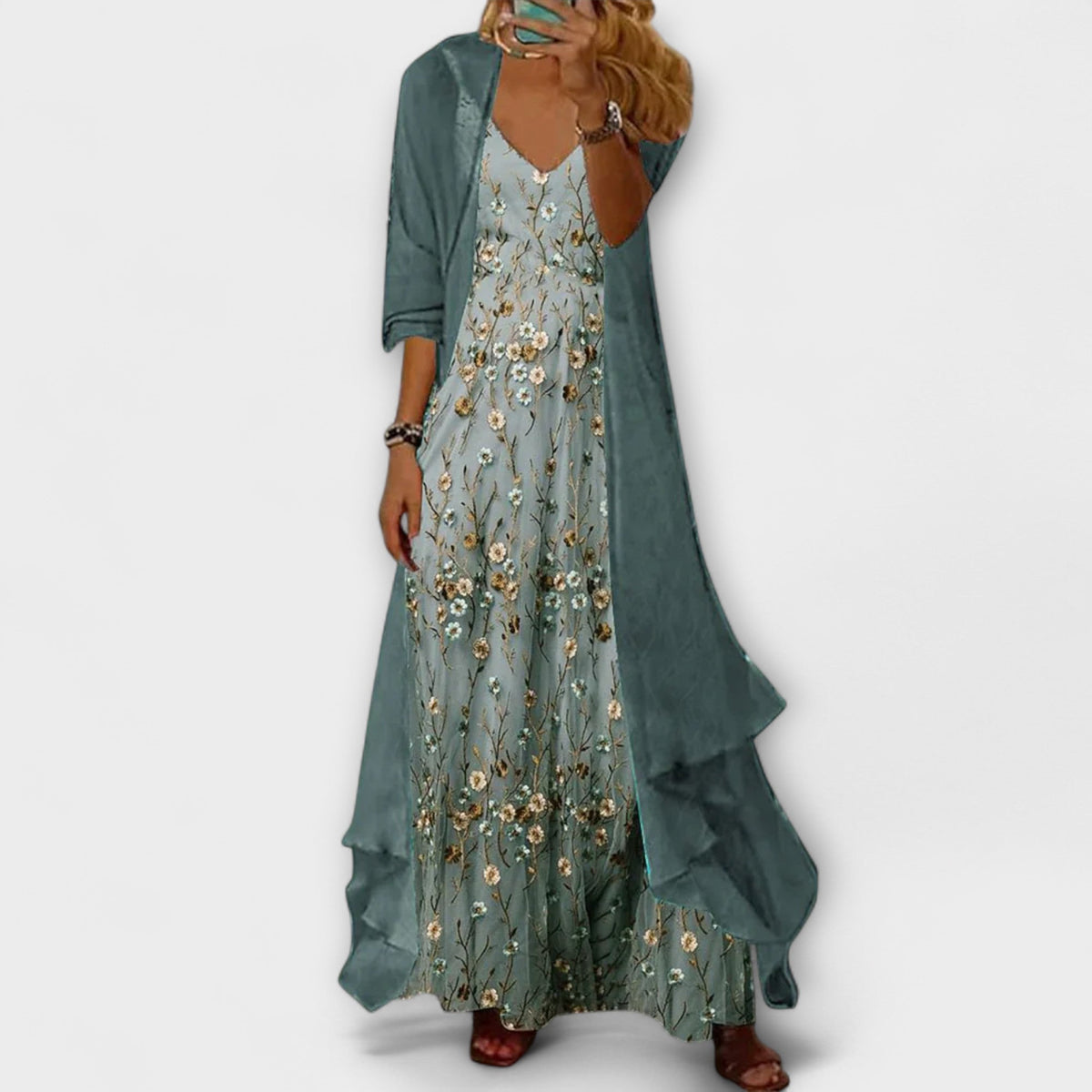 Willow | Women's Floral Maxi Dress with Longline Cardigan Set