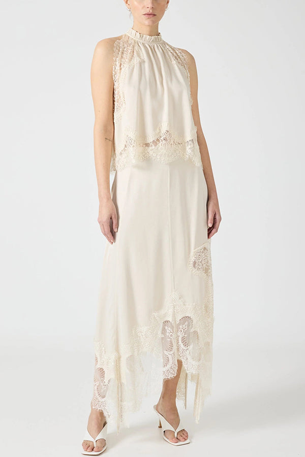 Women's satin two-piece set with lace pleated collar top and ankle-length irregular slit skirt