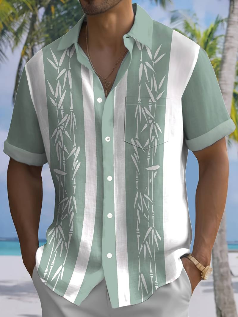 Men's light blue bamboo short-sleeve shirt, relaxed classic cut with breathable natural fiber fabric