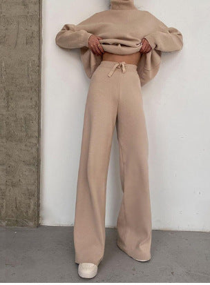 Women sienna knit two-piece set loose turtleneck wide-leg pants with adjustable waist tie