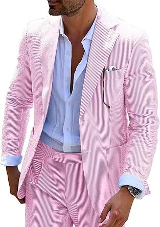Men's light blue seersucker two-piece suit slim fit jacket and trousers wrinkle-resistant breathable
