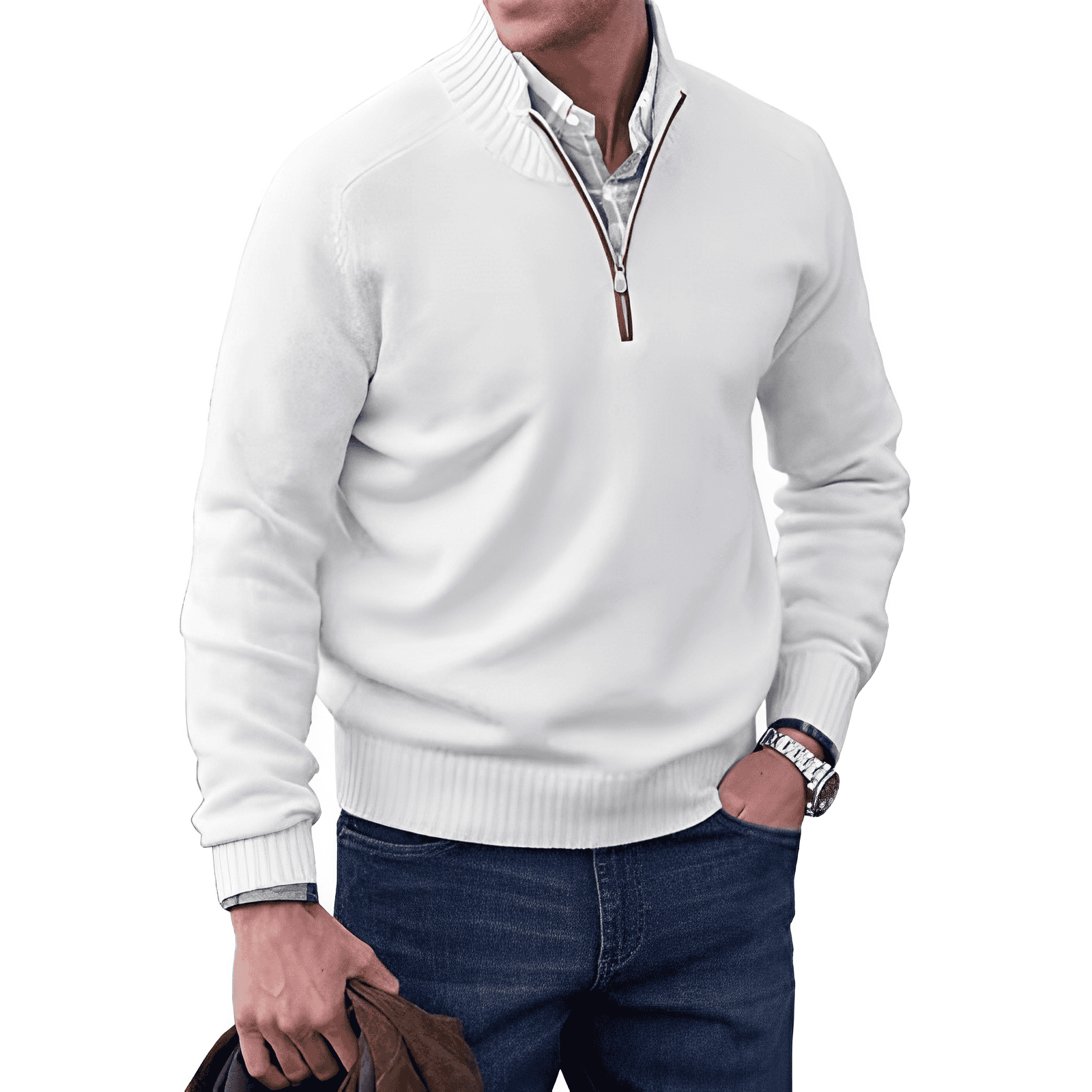 Men's half-zip ribbed knit sweater with long sleeves, classic layering pullover with structured collar