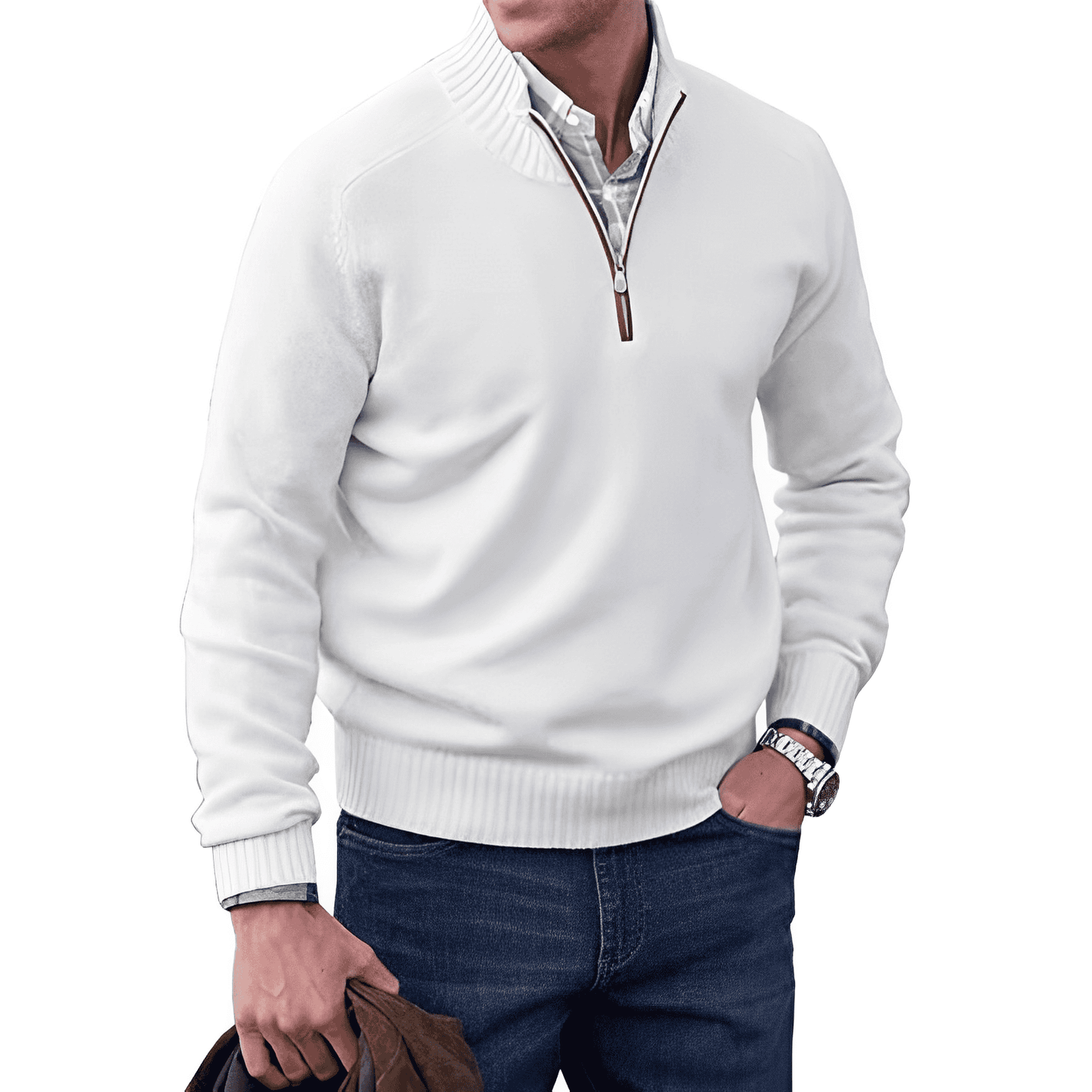 Men's half-zip casual knit sweater in neutral tones, tailored fit with modern collar detail