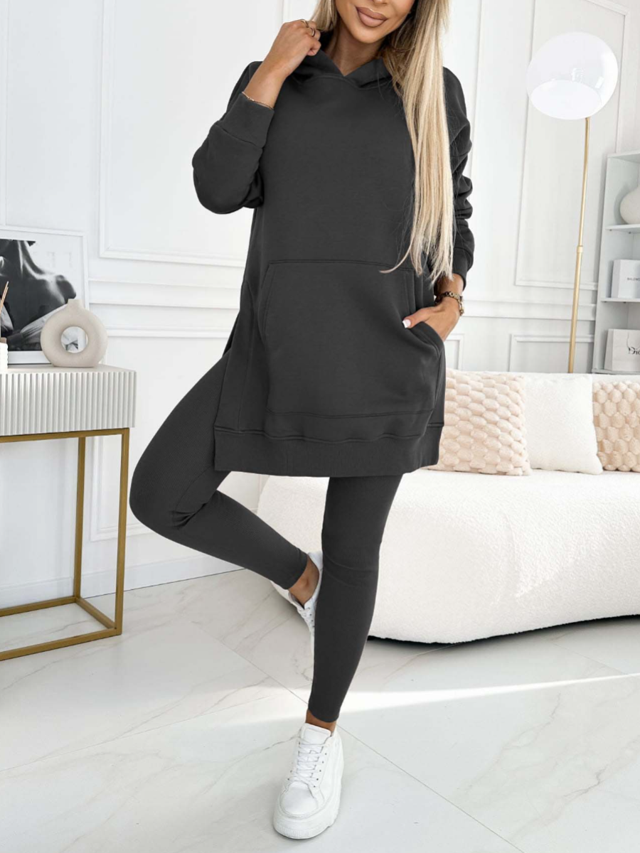 Women's solid color hoodie and lined leggings two-piece set casual spring fall matching outfit