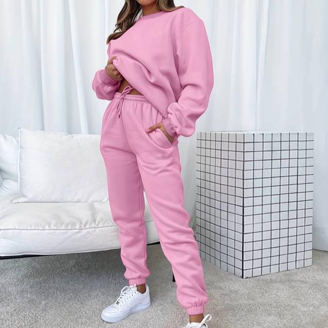 Women's gray matching sweatshirt and jogger lounge set with relaxed silhouette minimalist design