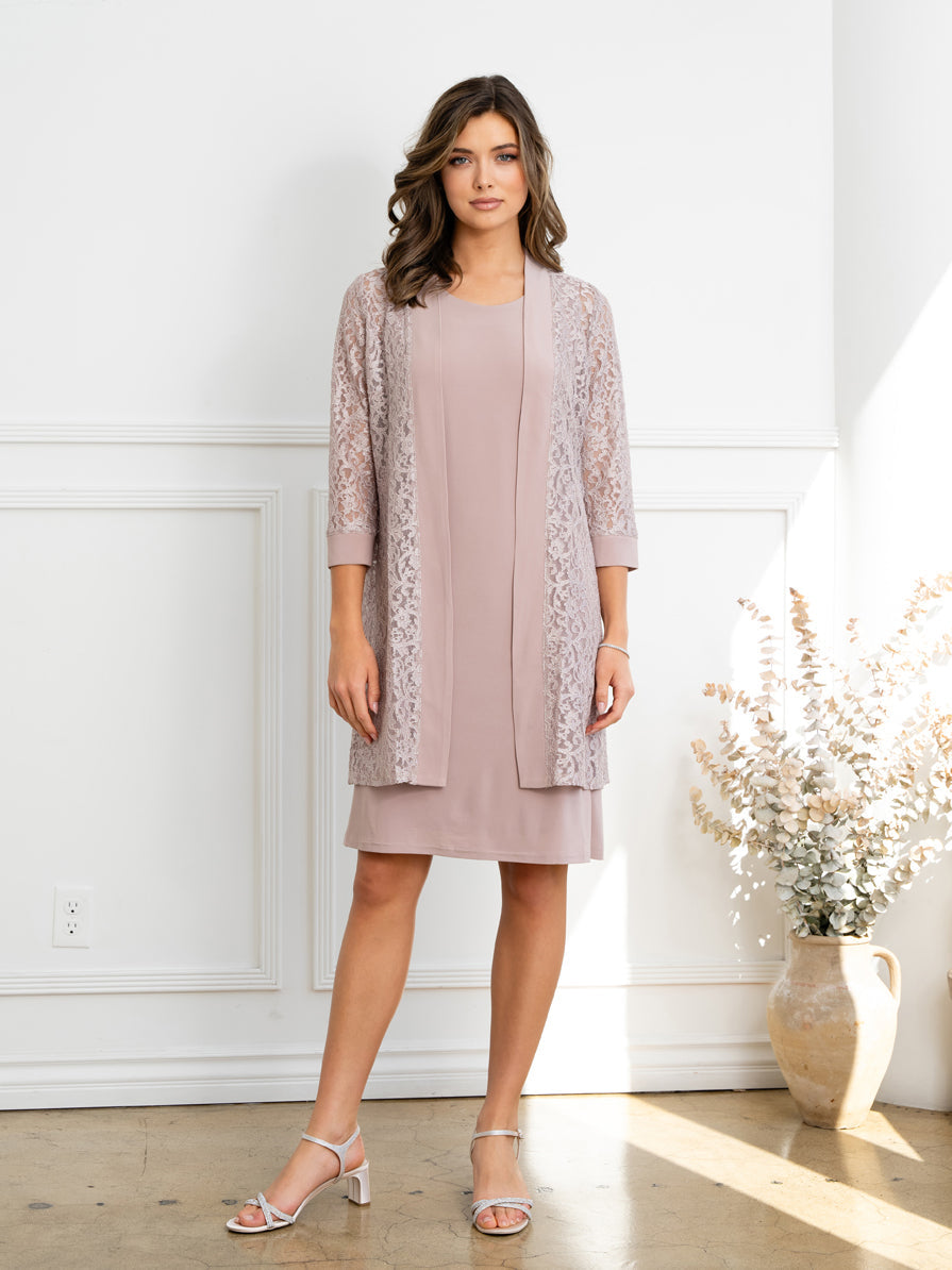 Knee-length sheath mother of the bride dress with coordinating lace jacket, elegant two-piece formal set