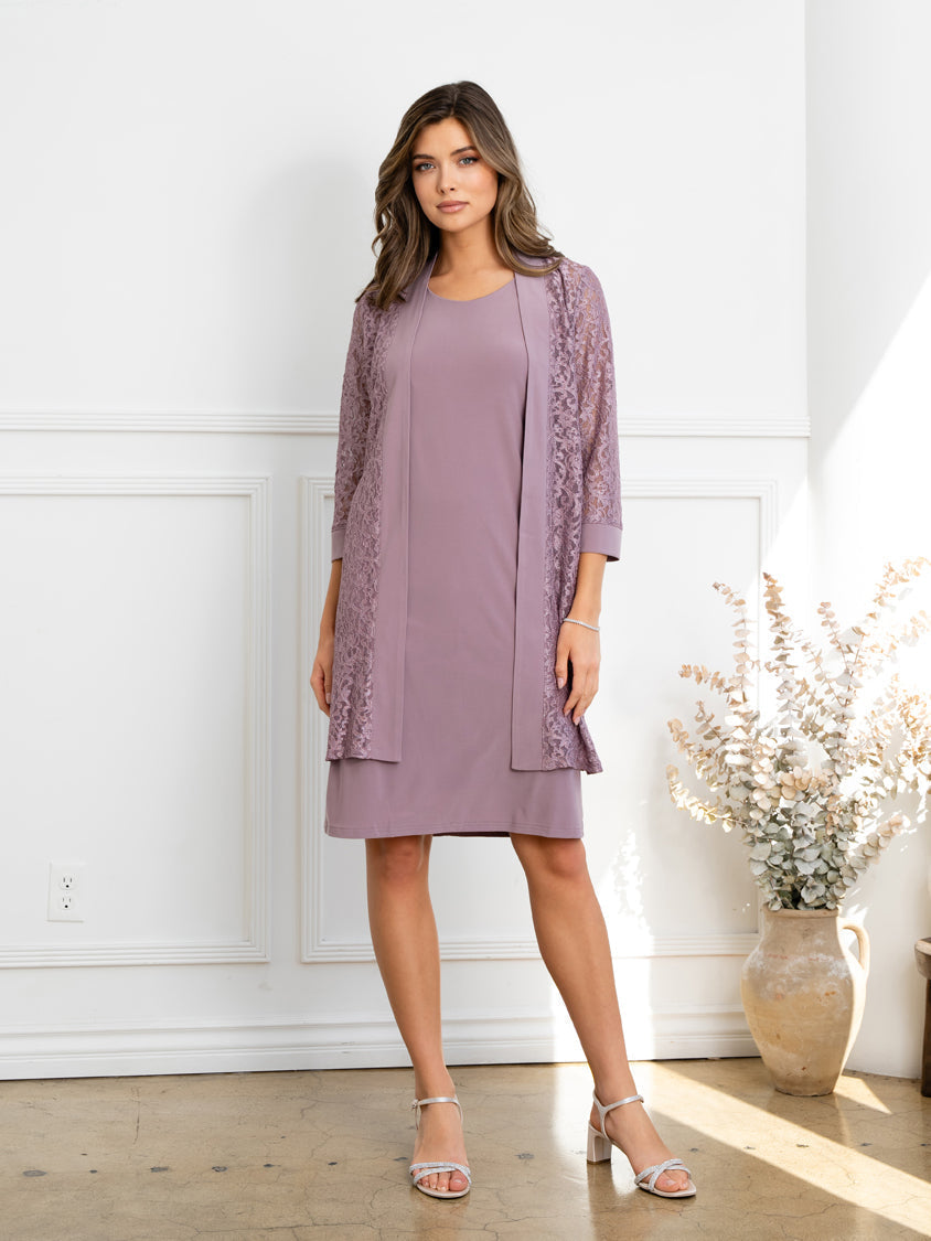 Knee-length sheath mother of the bride dress with coordinating lace jacket, elegant two-piece formal set