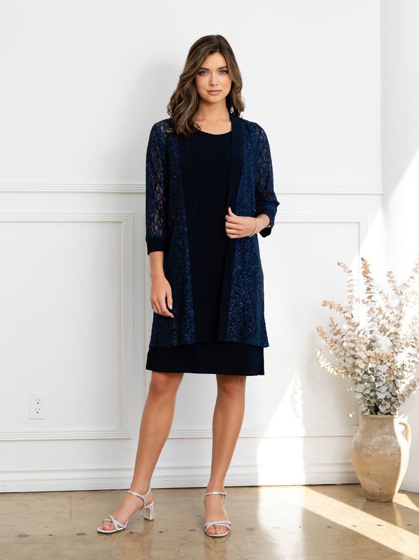 Elegant knee-length sheath mother of bride dress with coordinating lace jacket, two-piece formal set