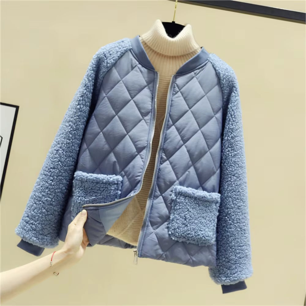 Women's beige teddy bomber jacket diamond-quilt body with plush sherpa sleeves cozy cold-weather style
