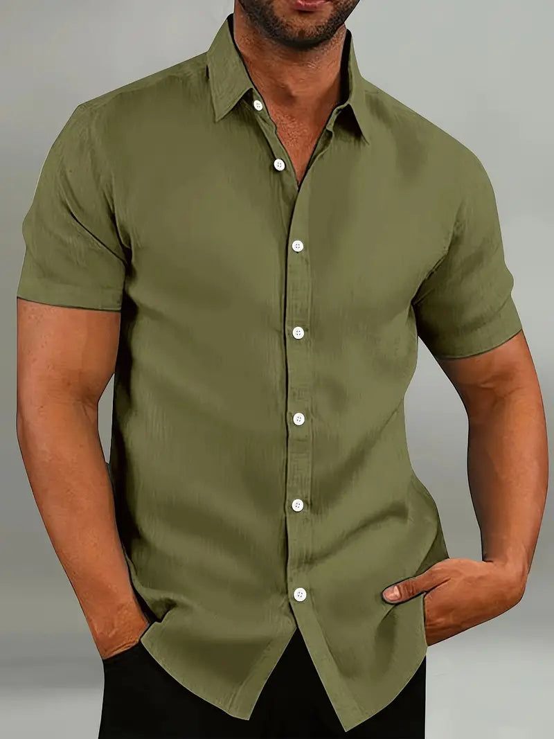 Men's light blue slim fit short sleeve shirt with button closure, versatile casual to formal style
