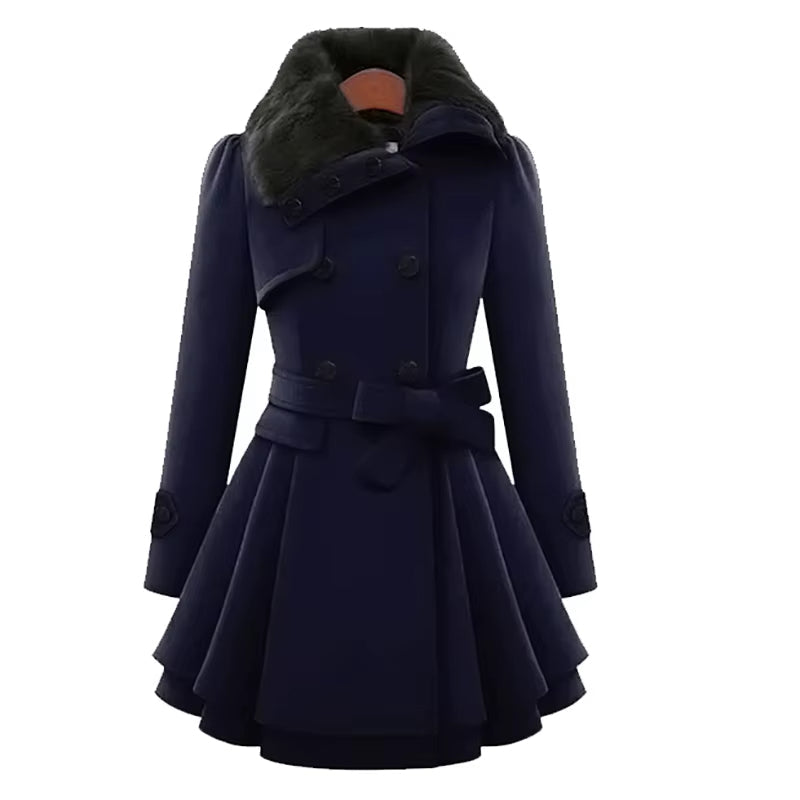 Women's wool overcoat in elegant silhouette with plush faux fur collar, double-breasted belted layered hem
