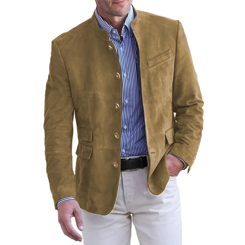 Men's smart casual blazer with stand collar, slim fit, polished everyday style in neutral tone